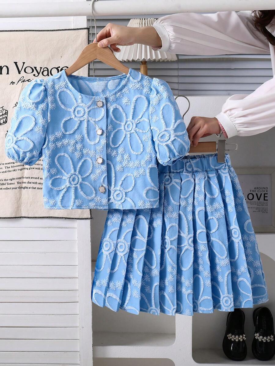 SHEIN Girls' Casual Elegant White Shiny Jacquard Pearl Button Cardigan Paired With Pleated Skirt Set - Blue - View 1