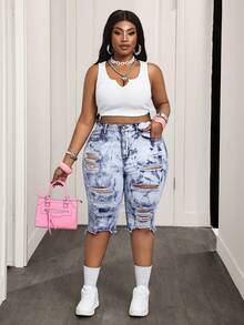Slaydiva Plus Size Women Distressed Frayed Hem Skinny Knee Length Denim Shorts Y2k Trousers Y2k Bottoms Y2k Low Rise Jeans Zebra Print Jeans Yk Outfits - Blue - View 6
