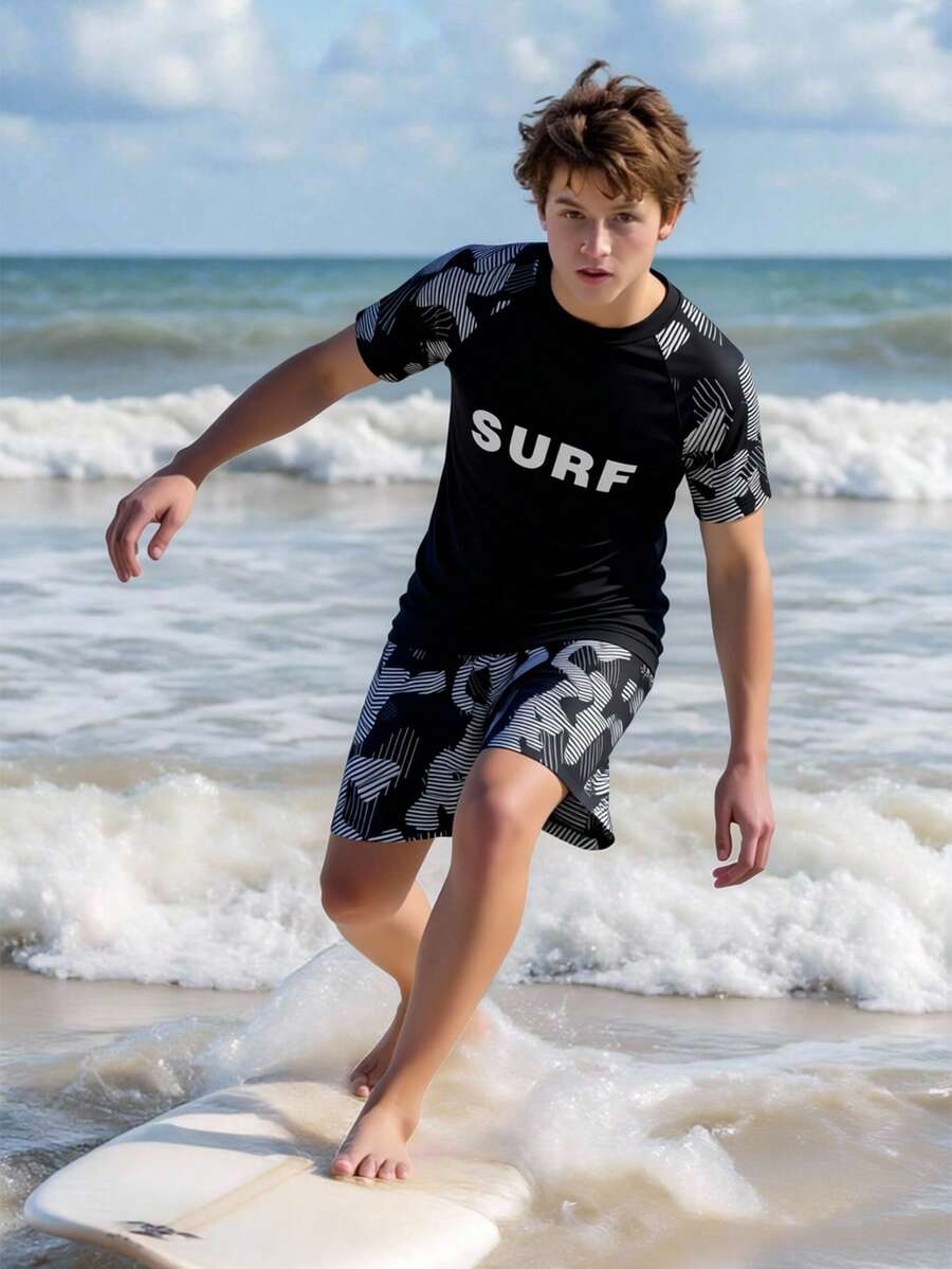 Boys' Printed Short Sleeve Rash Guard & Swim Trunks 2-Piece Swimsuit - Multicolor - View 1