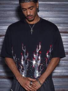 AXEPEAK Men's Casual Fashionable Streetwear Rhinestone Flame Graphic Short Sleeve T-Shirt, Summer - Black - View 5