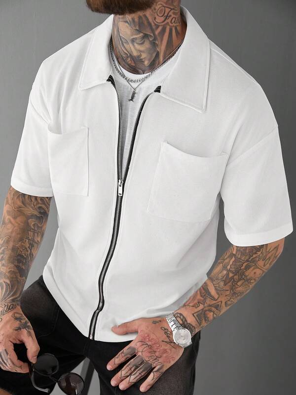 SLATEMANN Men's Summer Casual Pocket Zip-Up Short Sleeve Shirt Men Zip Up Shirt Men's White Shirt Men's Short Sleeve Zipper Shirt Men's Zipper Shirt White Zip Up Shirt Men Daily Leisure, Weekend Trips, Travel Expeditions, Relaxed Work Environments , Boyfriend/Husband Gift, Anniversary /Birthday Gift Party Summer Vacation Holiday Old Money,Wedding