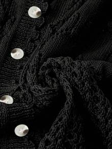 Linhara 大码女式纯色针织镂空单排扣短袖露脐休闲轻薄开衫，春夏款 - 黑色 - 查看 3