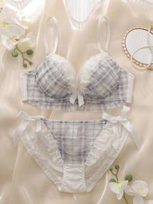 DelicateAllure 两件套格子图案钢圈衬垫文胸，蕾丝边饰，多层荷叶边，蝴蝶结装饰，可爱洛丽塔风格，清新舒适的半罩杯文胸套装，女士内衣。 - 藍色 - 查看 1