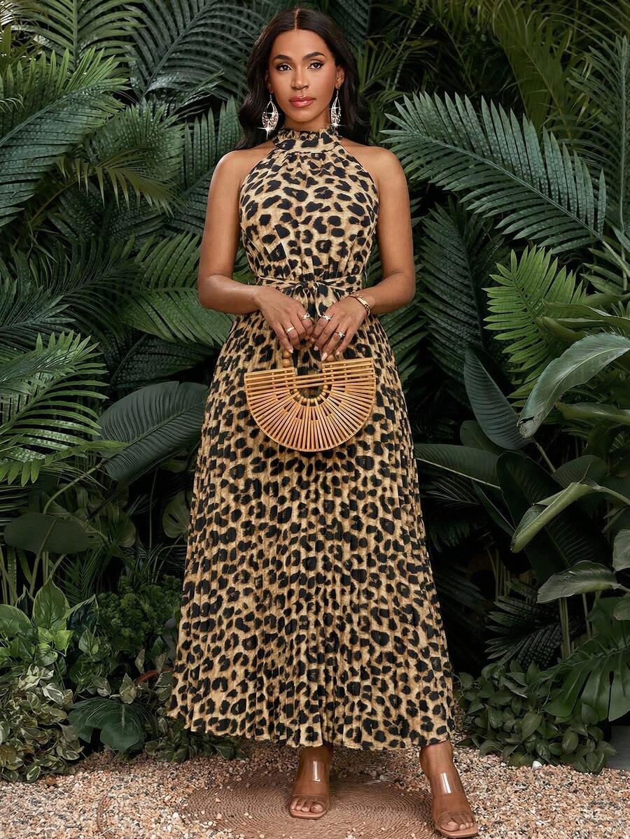 SHEIN Lady 女士夏季度假豹纹腰带系带露背中长连衣裙 - 彩色 - 查看 1