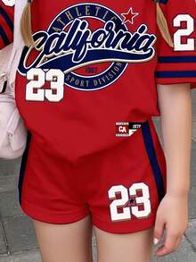 少女圆领短袖T恤短裤两件套，休闲简约风格，适合夏季上学、运动、户外、街头、居家穿着。 - 彩色 - 查看 5