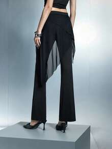 Airlisse 女士不对称网眼拼接喇叭裤，春夏款 - 黑色 - 查看 2