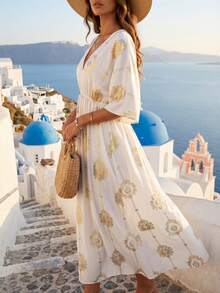 SHEIN Holidaya New Fashion Versatile Casual Drawstring Foil Print French Style Vacation Dress For Women Women Vacation Dress Boho Summer Dress Women Mediterranean Style Clothes Greece Vacation Outfits Women Italy Summer Dress - White - View 5