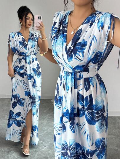 Elenzga Women's Spring/Summer French Romantic Sicily Elegant Casual Commute Vacation Afternoon Tea Wedding Party Solid Color Floral Print V-Neck Dropped Shoulder Drawstring Waist Pleated A-Line Maxi Dress