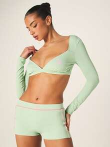 Missguided x Playboy 长袖深V领露脐运动上衣，饰有粉色兔子标志，薄荷绿训练健身上衣 - 綠色 - 查看 3