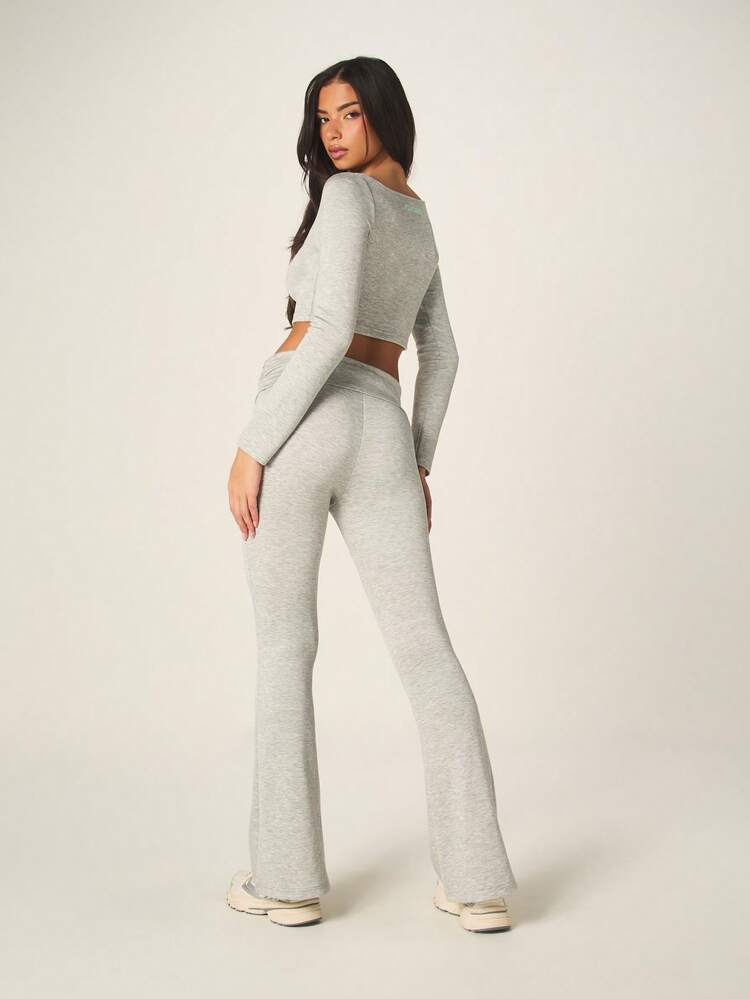 Missguided x Playboy Cozy Long Sleeve Boat Neck Crop Top And Flare Leg Leggings Pajama Set For Lounging Sleepwear