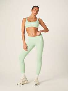 Missguided x Playboy Sage Green Ribbed Scoop Neck Sports Bra And High Waisted Leggings Set With Logo Print Two Piece Athletic Matching Co-Ord Set - Green - View 6