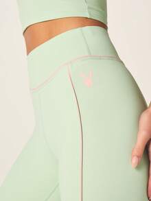 Missguided x Playboy 高腰运动紧身裤，粉色撞色滚边，全长瑜伽训练裤 - 綠色 - 查看 5