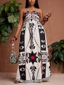 Veslaya Plus Size Women's 2026 Early Spring New Music Festival & Easter Western Style All-Over Print Halter Dress, Summer Dresses - Multicolor - View 9