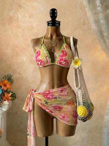 SaltGleam SaltGleam Women's Sexy Floral Print Lace Trim Halter Bikini Set With Cover-Up And Skirt - Multicolor - View 3