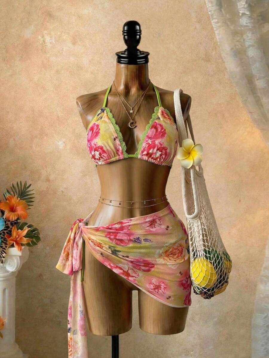 SaltGleam SaltGleam 女士性感花卉印花蕾丝边吊带比基尼套装，含罩衫和裙子 - 彩色 - 查看 1
