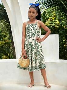 SHEIN Tween Girl Tropical Plant Print Casual Cami Dress - Green - View 3