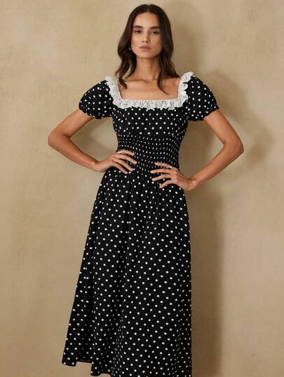 Aveloria Rosie Women's Polka Dot Lace Elegant Waist Cinching Long Petal Sleeve Party Dress