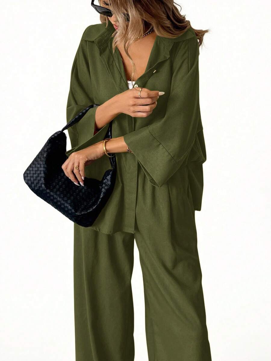 Aveloria Modichic 2件套 女士混纺侧开衩宽松衬衫和高腰阔腿裤 优雅商务休闲女装 - 軍綠色 - 查看 1