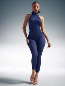 Denimoi Mono capri de cuello alto y espalda baja de punto elástico, monos sexys, pantalones capri de moda - Azul Marino - Ver 4