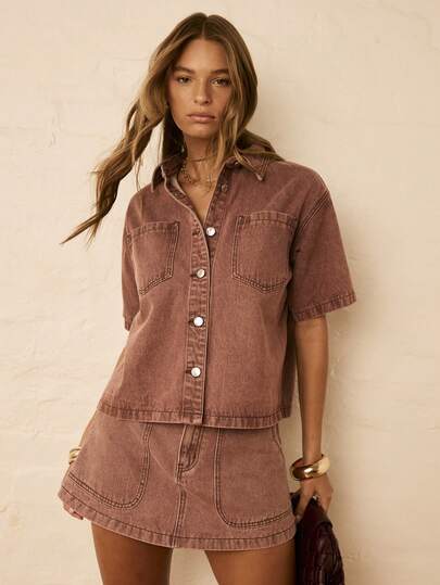 Aralina Spring Colored Denim Short Sleeve Shirt Summer Outfits For Women Western Clothes For Women Relaxed Fit Soft Denim Raw Edge Double Pocket Street Style Statement Button Front Detail Essential Top