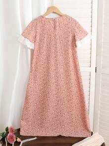 SHEIN 少女碎花拼接蕾丝边休闲睡衣 - 粉色 - 查看 2