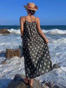 DAZY Vacation Style Pattern All-Over Print Sleeveless Long Women Nightgown - Black - View 2