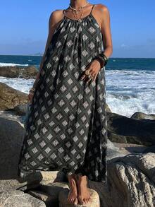 DAZY Vacation Style Pattern All-Over Print Sleeveless Long Women Nightgown - Black - View 8