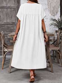 EMERY ROSE Plus Size Women's Solid Color Round Neck Short Sleeve Button Half Placket Casual Loose Dress - White - View 2