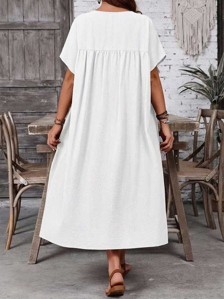 Plus Size Women's Solid Color Round Neck Short Sleeve Button Half Placket Casual Loose Dress