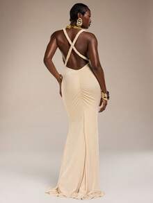 Normani Đầm maxi bóng mượt, gợi cảm, kiểu dáng thắt bím, hở lưng chữ V, thích hợp cho tiệc cocktail dành cho phái nữ. - Màu be - Xem 2