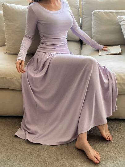 DAZY Solid Color Knit Fitted Top And Loose Long Skirt Women's Loungewear Set