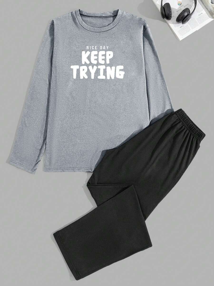 SHEIN Cottnline Men's Comfortable Printed Long Sleeve T-Shirt And Pants Pajama Set Vacation Home Grey Black Fall Baggy Tropical - Grey - View 1
