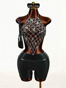 Mistrie 女士钻石细节吊带露背印花T恤，夏季，夏季上衣，夏季，夏季假期，女士夏季装，春季，春季女士装，春假，春季，春季，春季女士装，春季女士装，度假女士装，女士假期，夏季假期，女士度假，假期，假期，夏季假期，女士海滩假期 - 灰色 - 查看 3