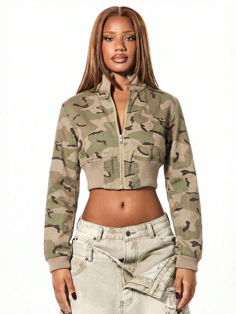 SUMWON Women Camouflage Print Cropped Bomber Jacket With Zip Closure Ribbed Cuffs And Elastic Waistband Casual Streetwear Fall Winter Outerwear