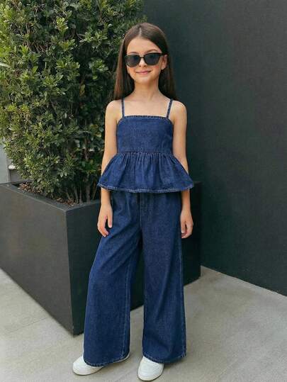 Firerie Kids 2Pcs Tween Girls Fashion Casual Y2k Vintage Cool Street For Dark Dlue Denim Cami Top And Stretch Elastic Waist Relaxed And Comfortable Jeans Set Of 2 Pieces Kids Clothes Tween Girls Dailywear And Kids Spring To Summer Rave Outfits Festival And Outfits Streetwear Clothes