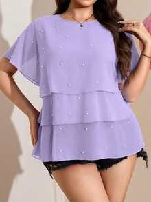 Comfylo 飘逸荷叶边下摆加大码女式短袖衬衫，优雅百搭，适合工作通勤、夏季、圣帕特里克节、复活节、春季、海滩、休闲场合等。女士休闲上衣和衬衫，高端女式上衣，最新款女式上衣，夏季女式上衣热销，休闲女式上衣，优雅新款衬衫，新款衬衫热销。 - 紫羅蘭色 - 查看 3