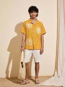Felipe Marques Men's Floral Embroidery Textured Fabric Loose Fit Short Sleeve Shirt, Casual For Holiday, Party, Beach, Spring/Autumn - Orange - View 6