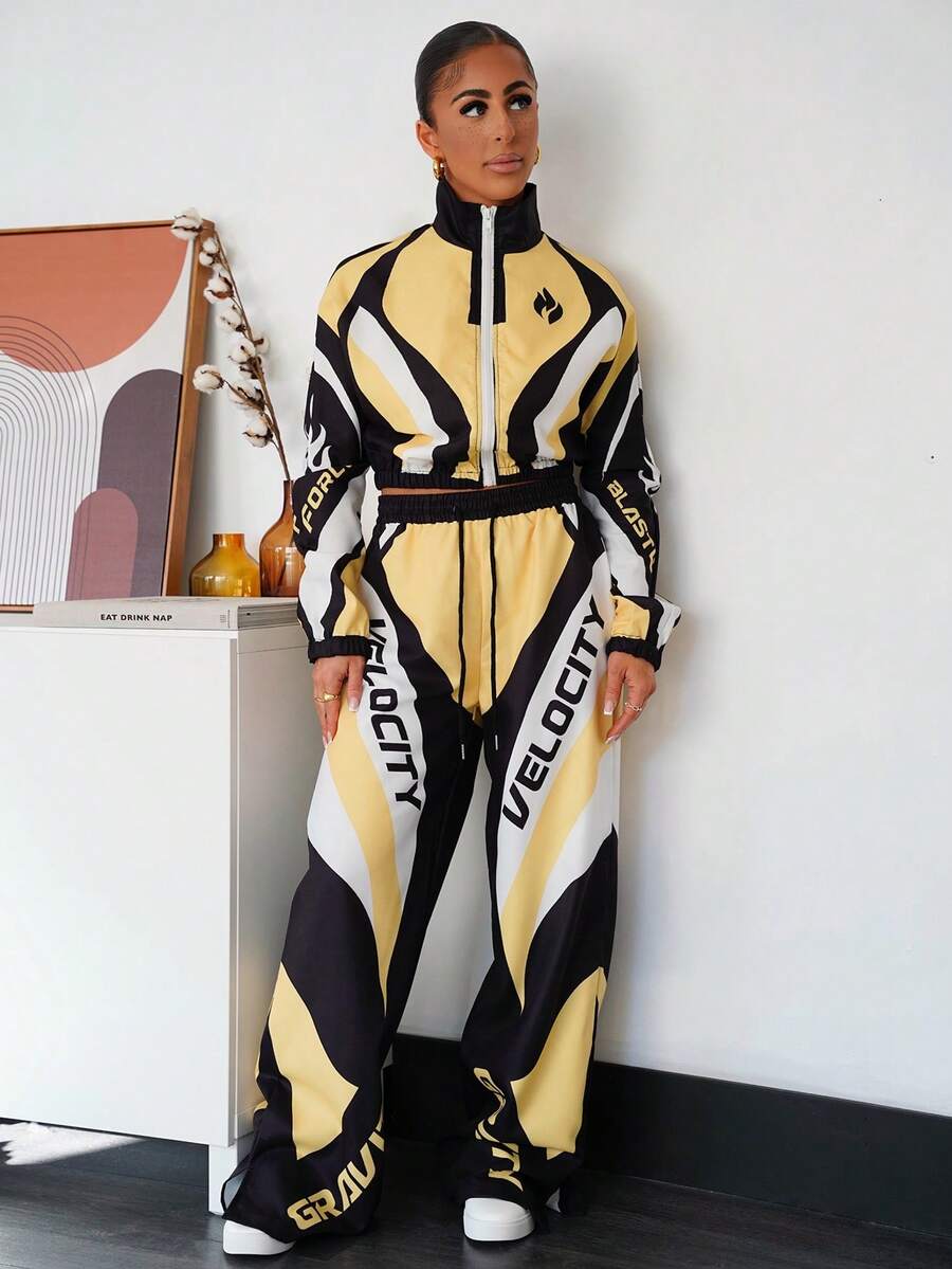 SAYEHFBABY New Autumn/Winter Women's Back To School Outfit, Casual Business Streetwear, Retro College Style Jacket With Stand Collar Front Zipper Long Sleeve Cropped Top + Straight Leg Wide Pants With Slit Hem, Black & Yellow Graphic Print Two Pieces Set - Yellow - View 1