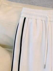 GlowEve Women's Casual Drawstring Waist Contrast Striped Side Loose Flowy Wide Leg Pants, Spring/Summer - White - View 5