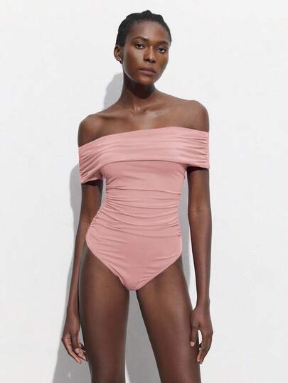 Maija Off-The-Shoulder Ruched Pink Bodysuit, Fitted Silhouette, Versatile For Parties And Events, Spring/Summer  St Patrick's Day Women Easter Summer Outfits Easter Dress Women Party Top Beach Dress Summer Holiday Outfits Each Vacation Outfits For Women  Summer Outfit For Women Going Out Outfits Graduation Graduation Outfit  Casual Dresses  Casual Blouses For Women Off Shoulder Swimsuit Bathing Suits For Women Pink Pink Swimsuit Bathingsuits