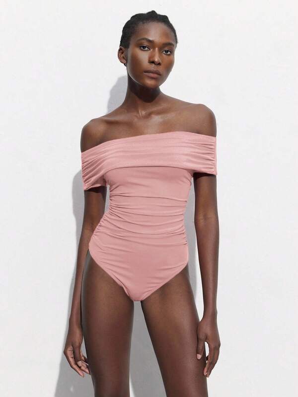 Maija Off-The-Shoulder Ruched Pink Bodysuit, Fitted Silhouette, Versatile For Parties And Events, Spring/Summer  St Patrick's Day Women Easter Summer Outfits Easter Dress Women Party Top Beach Dress Summer Holiday Outfits Each Vacation Outfits For Women  Summer Outfit For Women Going Out Outfits Graduation Graduation Outfit  Casual Dresses  Casual Blouses For Women Off Shoulder Swimsuit Bathing Suits For Women Pink Pink Swimsuit Bathingsuits