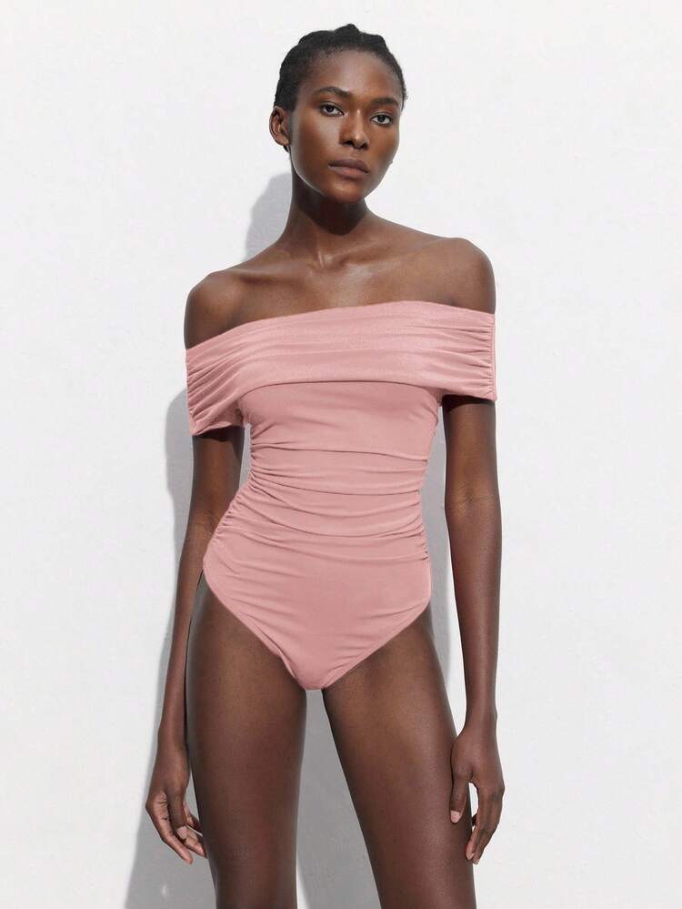 SHEIN Maija Off-The-Shoulder Ruched Pink Bodysuit, Fitted Silhouette, Versatile For Parties And Events, Spring/Summer  St Patrick's Day Women Easter Summer Outfits Easter Dress Women Party Top Beach Dress Summer Holiday Outfits Each Vacation Outfits For Women  Summer Outfit For Women Going Out Outfits Graduation Graduation Outfit  Casual Dresses  Casual Blouses For Women Off Shoulder Swimsuit Bathing Suits For Women Pink Pink Swimsuit Bathingsuits