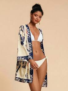 Travachic Letter & Fish Print Casual Loose Long Sleeve Kimono Cover Up,Beach,Beach Outfits For Women,Beach Set,Going Out,Vacation,Vacation Outfits Women,Holiday,Summer,Summer Clothes,Summer Outfits For Women,Party ,Going Out,Going Out Outfits,Casual,Elegant,Y2k,Flower - Blue - View 3