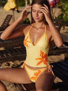 Swim Mod Women's Summer Vacation Casual Beach Wear Yellow Tropical Floral Print Bikini Two Pieces Swimsuit Set With Halter Neck Tie And Ruffle Trim - Multicolor - View 1