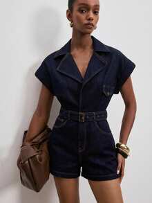 ATUI Studio Women's Elegant Deep V-Neck Cinched Waist Denim Jumpsuit And Romper, Versatile For Commuting And Office Wear - Blue - View 1