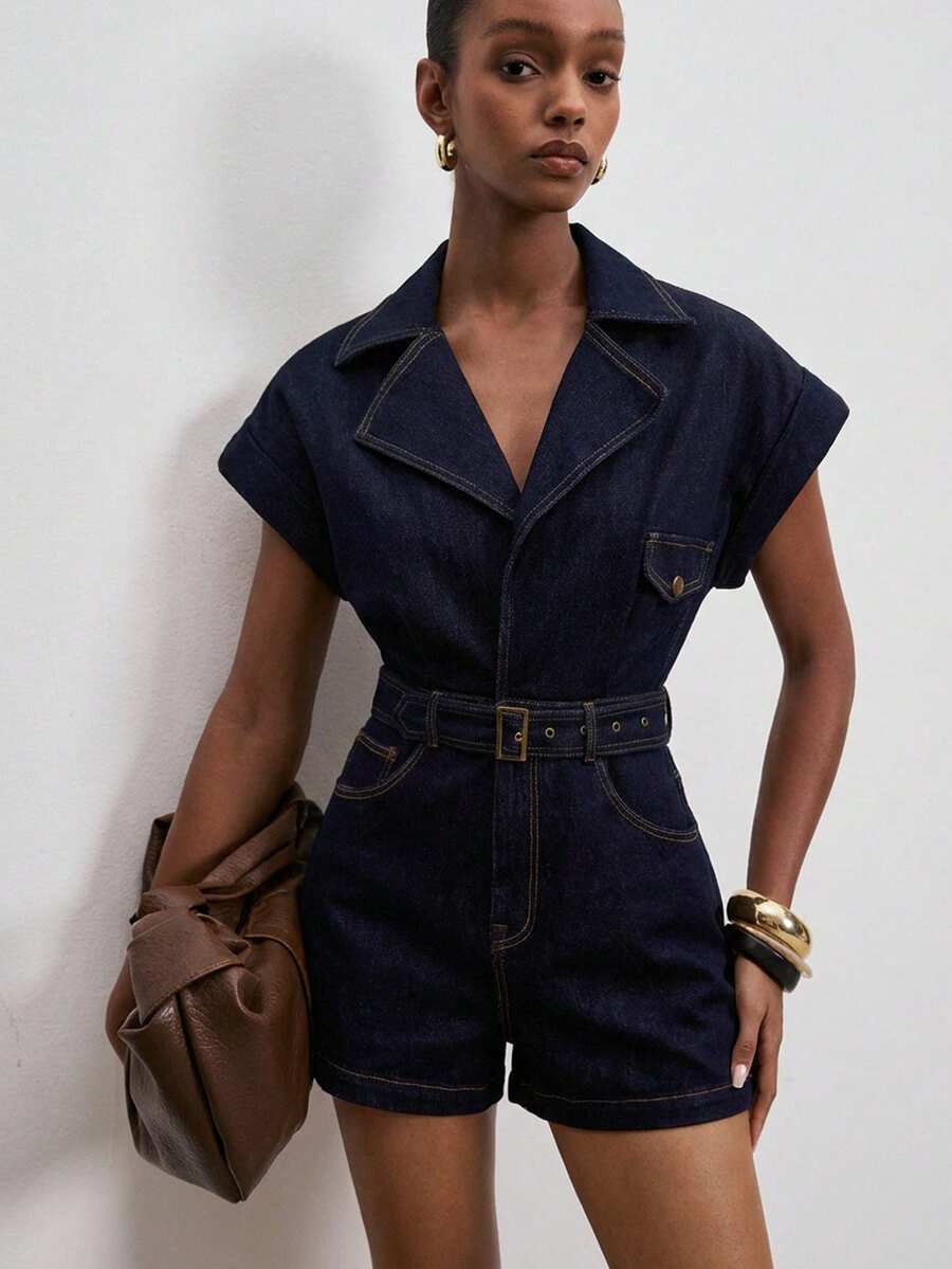 ATUI Studio Women's Elegant Deep V-Neck Cinched Waist Denim Jumpsuit And Romper, Versatile For Commuting And Office Wear - Blue - View 1