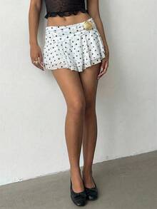 Aloruh 女士金属贝壳装饰波点印花时尚半身裙 - 白色 - 查看 6