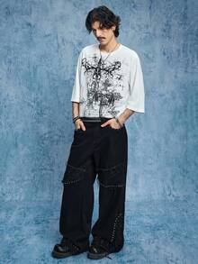 ROMWE MEN Street Life 男士时尚街头铆钉细节拼接流苏下摆阔腿牛仔裤 - 黑色 - 查看 7