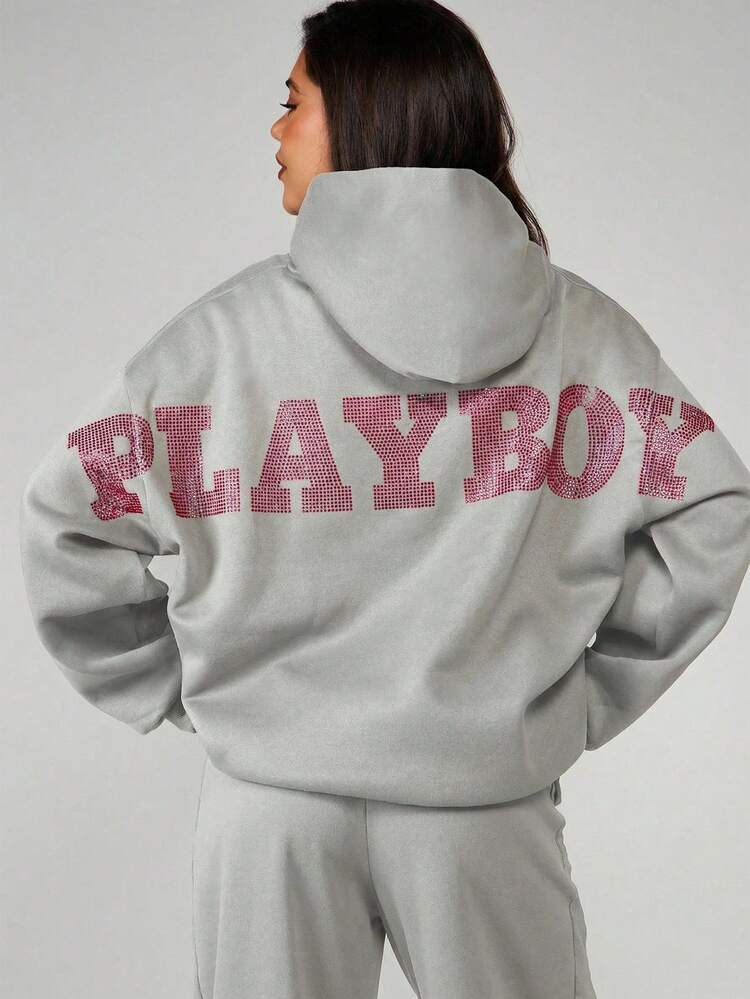 Missguided x Playboy Bunny Logo Rhinestone Embellished Oversized Pullover Hoodie With Centre Pocket And Drawstring Hood For Casual Streetwear