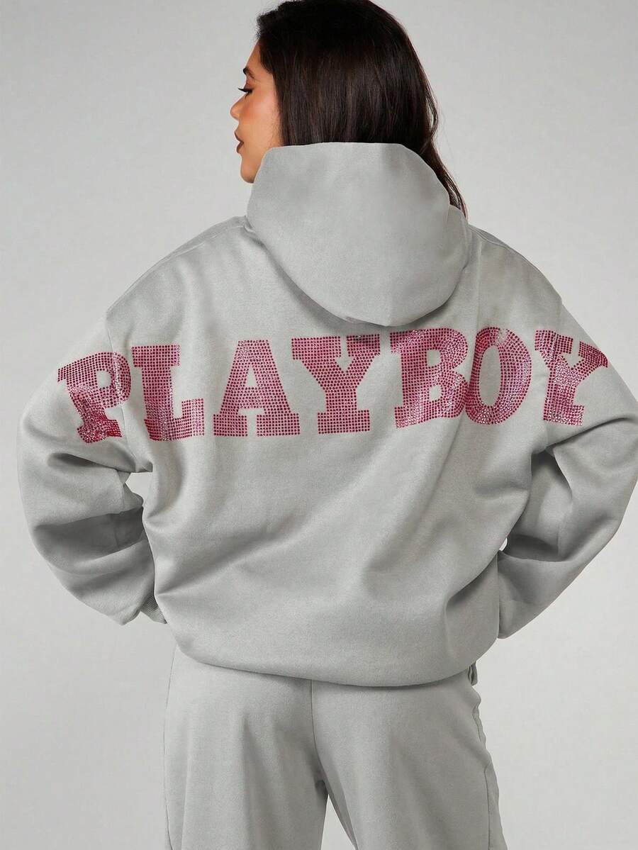 Missguided x Playboy 兔子标志水钻装饰超大号套头连帽衫,带中央口袋和抽绳帽,休闲街头风。 - 灰色 - 查看 1